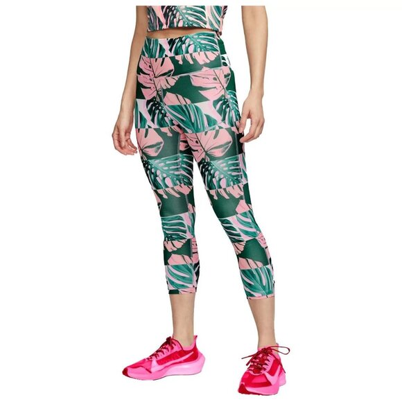 128 Nike Women's Fast Crop Running Tights Green Pink Sz Medium - Picture 1 of 6